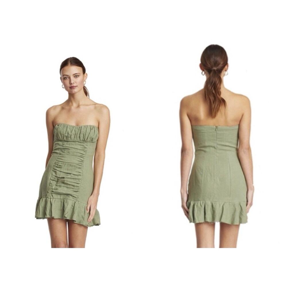 NWT Bec + Bridge Size 6 The Dreamer Mini Strapless Linen Dress Olive Green